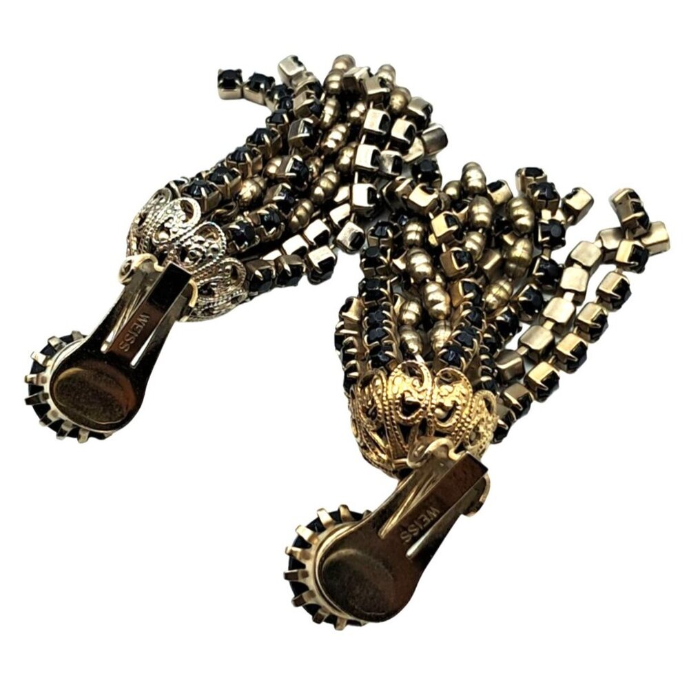 Vintage Weiss Necklace Earrings Set Black Rhinestones Tassel Long Dangling Chain - Picture 6 of 9